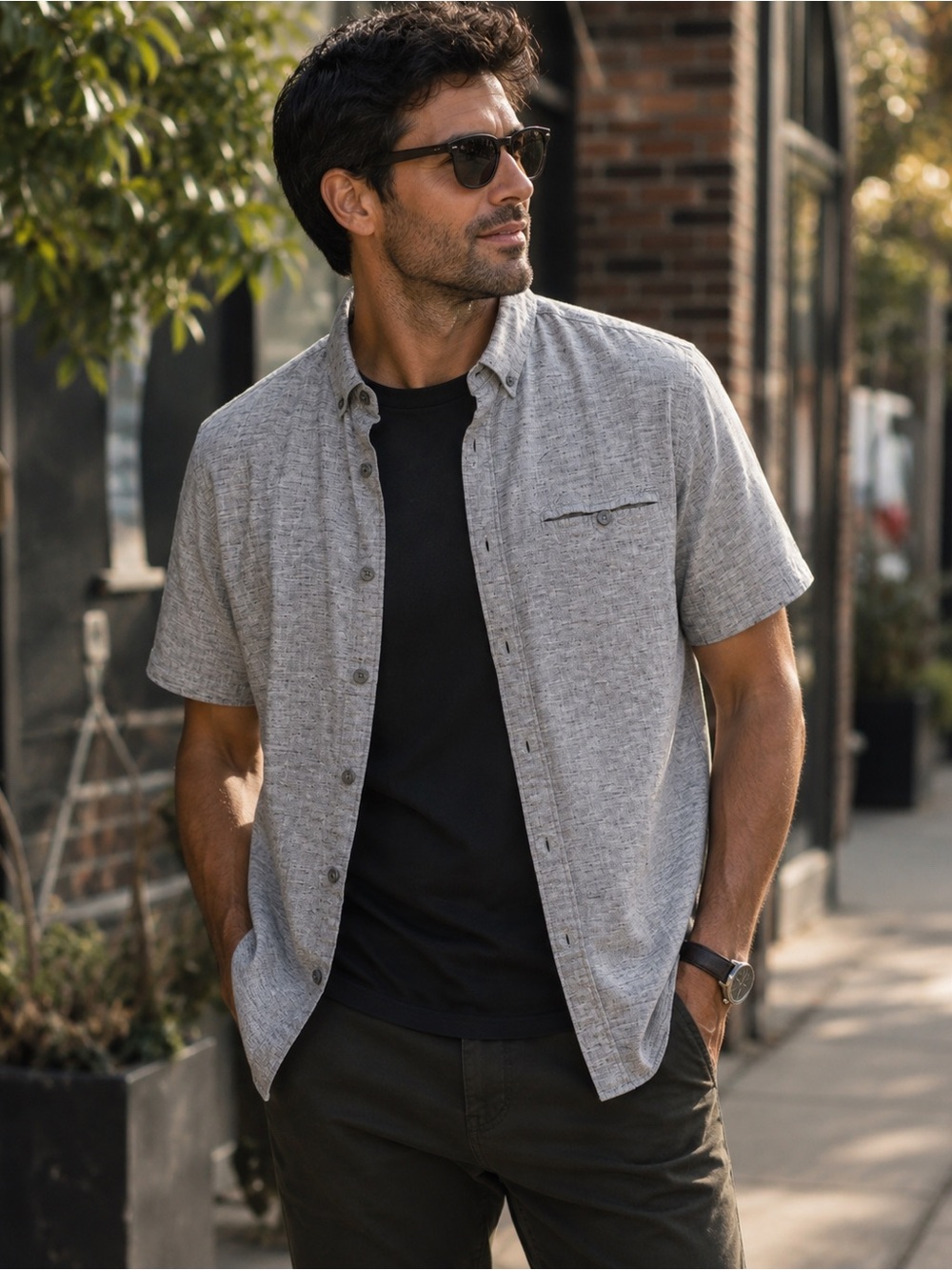 Denim & Flower Short-Sleeve Button-Down Shirt - Gray